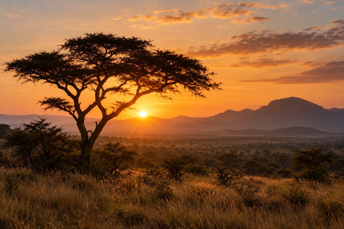 AI-generated illustration: First light in the savanna