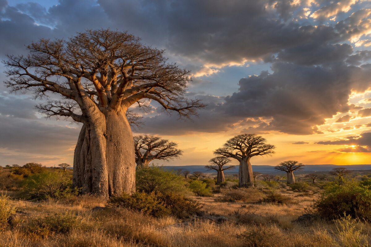 AI-generated illustration: Baobab silhouettes