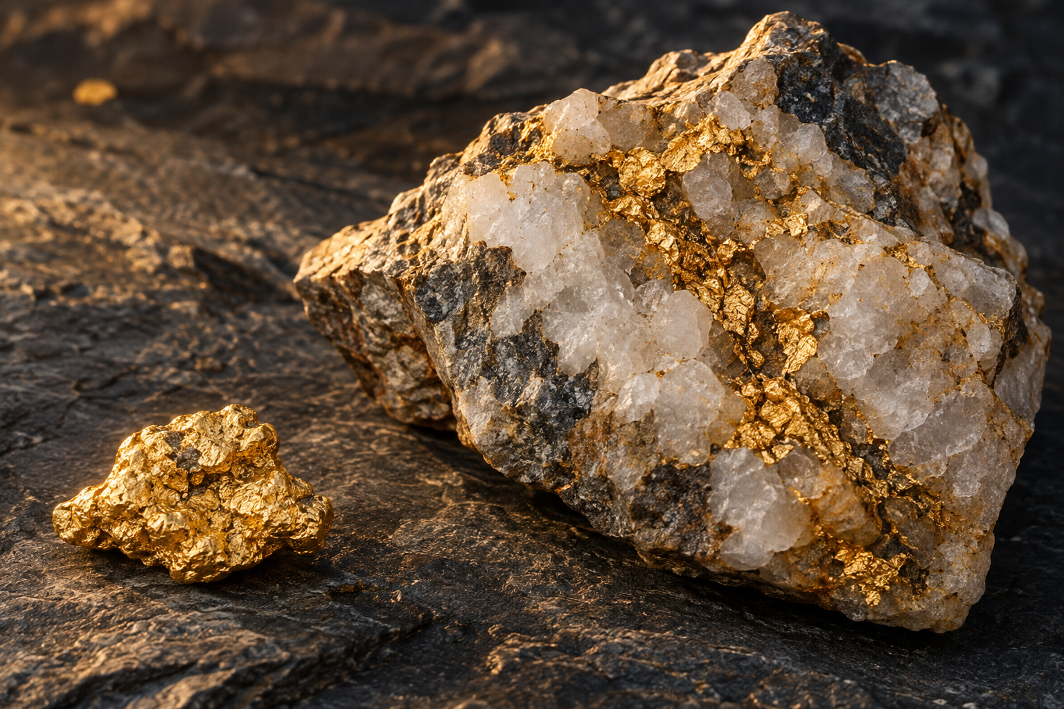 Illustrative gold nugget and quartz rock on a dark surface