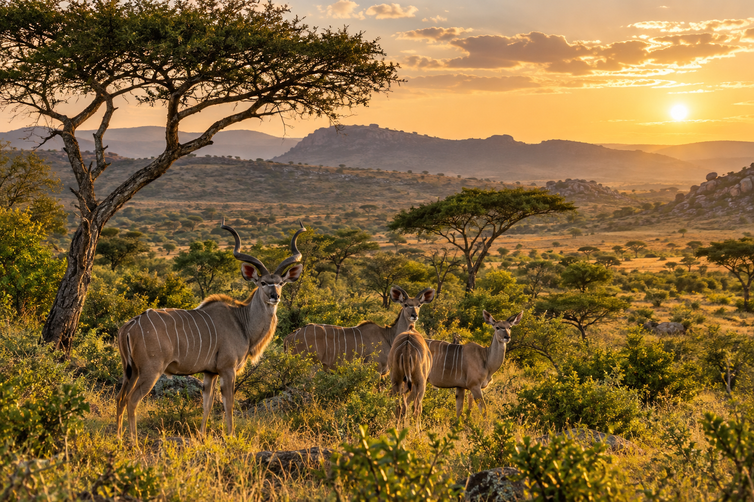 Kudu antelope in a Southern African savanna at sunset