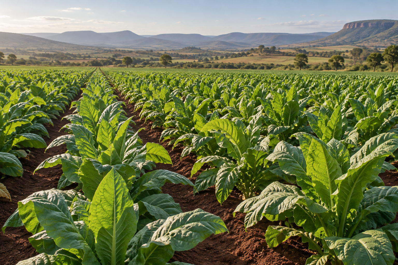 Illustrative tobacco crop growing in orderly rows